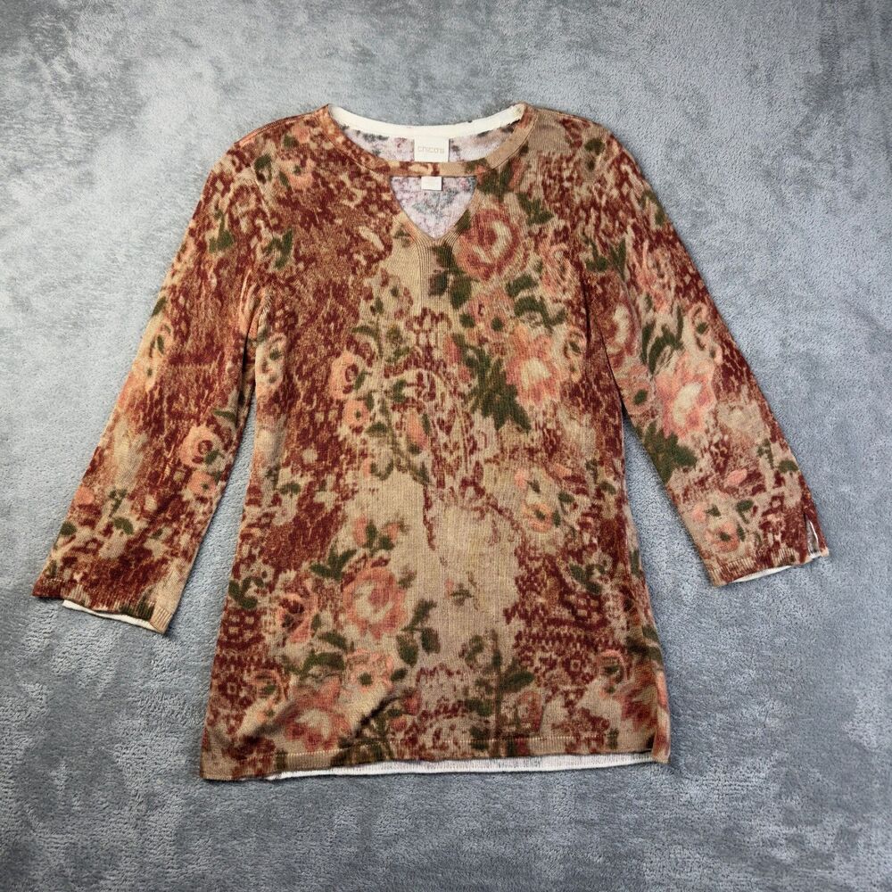 Chicos Top Womens 0 Small Brown Floral 3/4 Sleeve Knit Casual Career Stretch